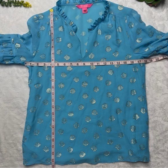 Lilly Pulitzer Giana Silk Long Sleeve Top in Bermuda Blue Seagrass and Gold XS - Picture 14 of 15